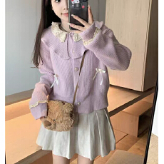 批发<b class='q'>蕾丝</b>花边娃娃领蝴蝶结长袖针织开衫女秋甜美减龄宽松百搭毛衣外套