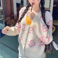 批发<b class='q'>韩国</b>东大门提花针织开衫女宽松短款慵懒风韩版百搭圆领毛衣外套