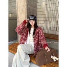 批发外套女<b class='q'>韩国</b>chic秋冬季百搭休闲慵懒风条纹宽松中长款连帽针织上衣