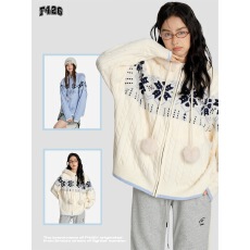 批发法式温柔风雪花连帽针织外套女装秋季超好看慵懒宽松长袖开衫上衣