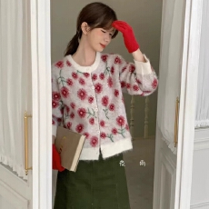 批发美式复古小碎花开衫女早秋季2025新款刺绣<b class='q'>针织</b>衫毛衣女<b class='q'>外套</b>上衣潮
