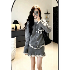 批发巨好看的冬装搭配一整套小香风木耳边毛衣开衫针织半身裙两件套装