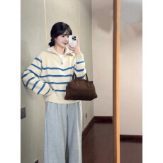批发蓝色<b class='q'>条纹</b>浣熊绒半拉链polo翻领毛衣秋冬女针织内搭<b class='q'>打底衫</b>