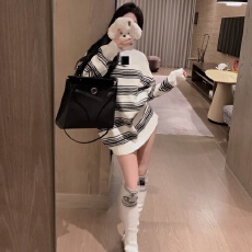 批发韩版撞色星球提花条纹毛衣2025年秋冬 宽松中长款毛针织衫配<b class='q'>袜套</b>