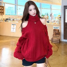 批发韩系<b class='q'>针织衫</b>女2025冬季新款慵懒风露肩<b class='q'>镂空</b>高领精致百搭高级感毛衣