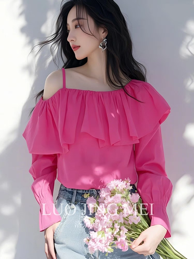 2026 봄 가을 새로운 긴팔 맨위 세련된 바람 착용 가져 가라. 로즈 레드 프릴 오프숄더 셔츠