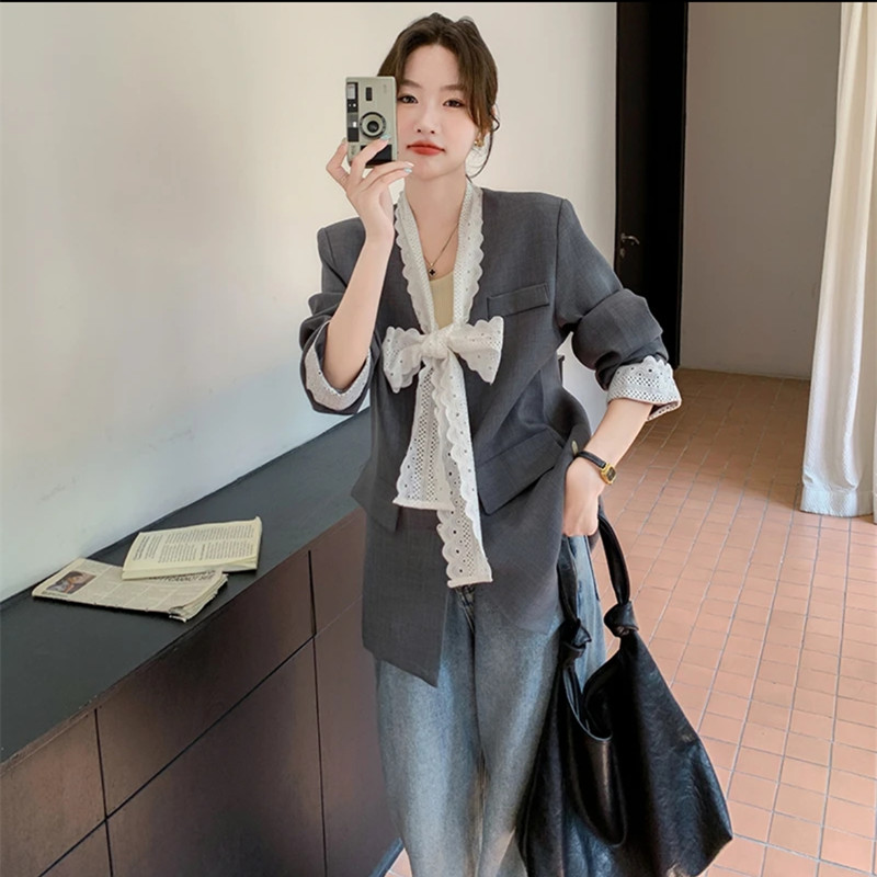 레이스 조각 회색 캐주얼 정장 여성 코트 봄 가을 2026 새로운 고급 센스 루즈핏 슬림해 보이는 품격 정장