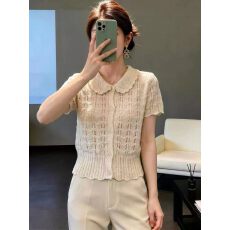 批发法式温柔风镂空娃娃领短袖<b class='q'>针织</b>衫<b class='q'>女</b>夏季高级感气质泡泡袖短款上衣