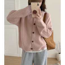 批发插肩袖复古卷边毛衣外套女宽松韩版显瘦保暖圆领冬季加厚针织开衫