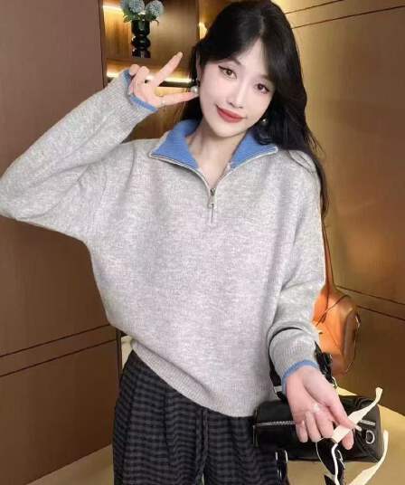 가을 겨울 고급 센스 두꺼운 하프 지퍼 폴로 칼라 스웨터 여자 겨울 한 부서 착용 가져 가라. 루즈핏 느긋한 바람 부드러운 찹쌀 맨위