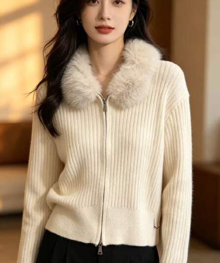 한 부서 미니멀리즘 화이트 모피 칼라 스웨터 오픈 가디건 여성 코트 작은 키 느긋한 루즈핏 더블 지퍼 외부 가져 가라. 니트 스웨터