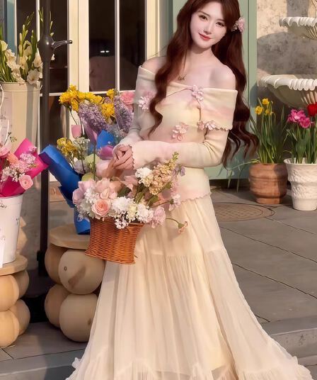 작은 대중 디자인 핑크색 3 차원 꽃 나팔 소매 몸매 가꾸기 오프숄더 예쁜 스웨터 풀오버 니트 스웨터