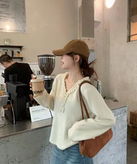 한 부서 살구 색상 프릴 V넥 긴팔 니트 스웨터 여성 가을 착용 가져 가라. 작은 키 루즈핏 느긋한 바람 스웨터 맨위