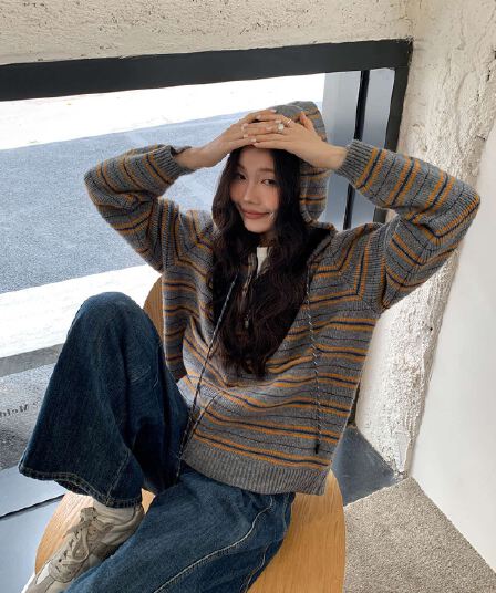 디자인 센스 스트라이프 후드 긴팔 지방 mm 느긋한 루즈핏 슬림해 보이는 캐주얼 만나는 맨위