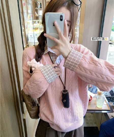 한 부서 꽈배기 핑크색 페이크 레이어드 스웨터 여자 가을 겨울 새로운 셔츠 패치워크 인사이드 가져 가라. 니트 스웨터 가을 맨위 여성
