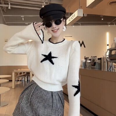 한 부서 귀여운 나팔 소매 펜타곤 별 니트 스웨터 여성 새로운 패션 품격 연령 감소 작은 대중 다용도 맨위 여성