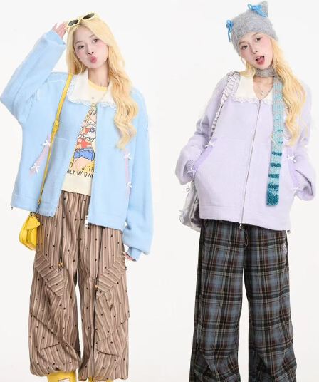 레이스 조각 베이비 칼라 스웨터 여자 부드러운 찹쌀 느긋한 가을 겨울 연령 감소 보온 오픈 가디건 니트 재킷