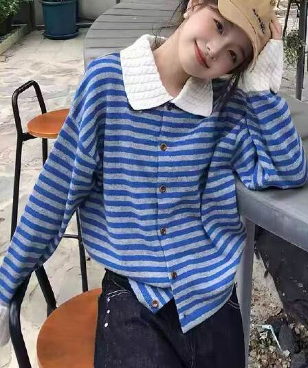 2026 새로운 한국 스타일 루즈핏 슬림해 보이는 스트라이프 POLO 칼라 긴팔 니트 스웨터 다용도 느긋한 작은 키 맨위