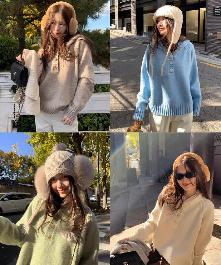 im ~까지 바닐라 천 새싹 양모 혼방 느긋한 헨리 칼라 루즈핏 프로필 모양 니트 풀오버 후드 스웨터 여성 겨울
