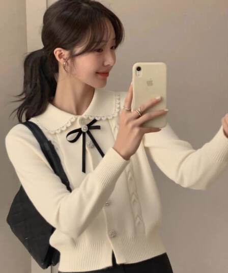 2026 봄 새로운 베이비 칼라 니트 스웨터 여성 레이스 나비 매듭 고급 프랑스식 맨위