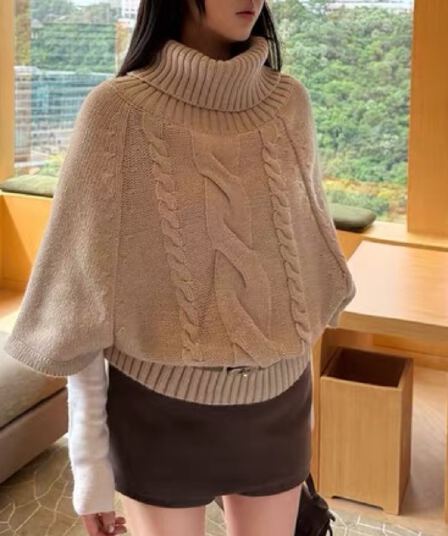 두꺼운 한 부서 분위기 센스 이른 가을 착용 가져 가라. 레트로 터틀넥 망토 스웨터 중간 소매 니트 스웨터 여성 새로운 가을 겨울철