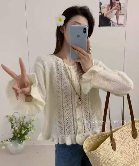 슈퍼 좋은 모헤어 홀로우 아웃 니트 오픈 가디건 달콤함 부드러운 문예 바람 미니멀리즘 다용도 도파민 털 니트