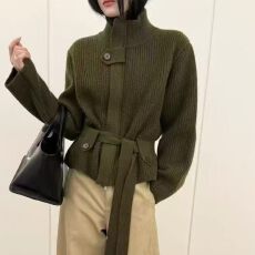 欧货系带收腰显瘦全羊毛针织开衫女韩系立领粗针秋冬毛衣外套厚款