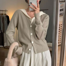 批发韩系甜美拼接假两件针织开衫女<b class='q'>春</b>秋小众简约百搭显瘦连帽毛衣外套