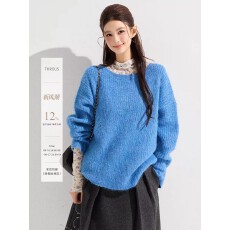 批发谢不肉 圆领宽松套头尼罗蓝<b class='q'>毛衣</b>女秋冬韩系温柔风外穿毛织上衣