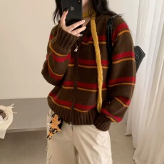 批发复古连帽长袖条纹拉链<b class='q'>开衫</b>毛针织衫 显瘦气质百搭