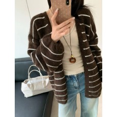 批发休闲条纹V领灯笼袖宽松<b class='q'>开衫</b>毛针织衫 显瘦气质通勤