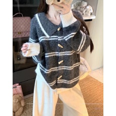 批发韩版条纹翻领长袖宽松<b class='q'>开衫</b>毛针织衫 显瘦温柔