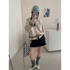 批发休闲风连帽拉链长袖提花短款毛针织衫 显瘦气质