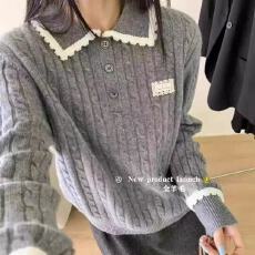 批发温柔风多色POLO领花边长袖套头毛针织衫 显瘦气质百搭