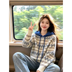 批发条纹撞色费尔岛连帽套头加厚毛衣卫衣<b class='q'>女</b>2026新款设计感针织衫上衣