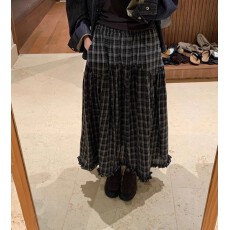 批发2026春韩系复古黑色格子半身裙女春夏下摆木耳边松紧腰显瘦中<b class='q'>长裙</b>