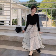 法式绝美蕾丝网纱半身裙女2026春季新款蝴蝶结系带大摆长裙