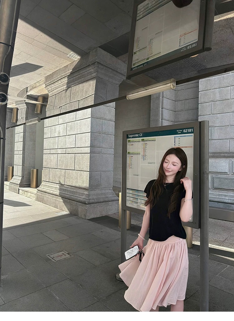 goo goo eyes 확대 허리 머리 깨진 Pleat 한 마디 퍼프 우산 치마 루즈핏 슬림해 보이는 중간 길이 핑크색 반신 스커트