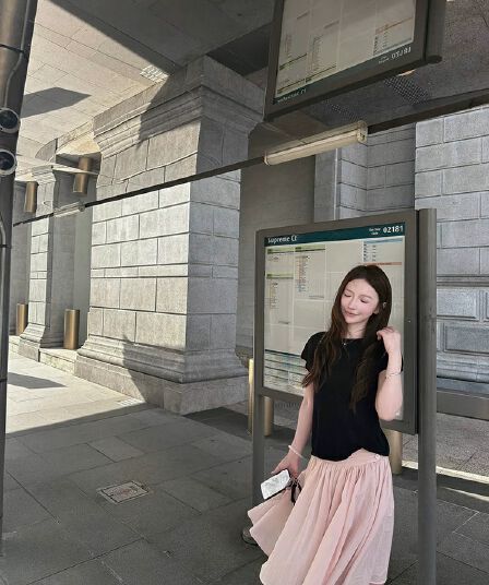 goo goo eyes 확대 허리 머리 깨진 Pleat 한 마디 퍼프 우산 치마 루즈핏 슬림해 보이는 중간 길이 핑크색 반신 스커트