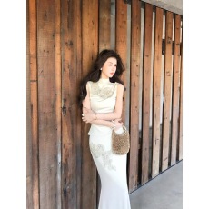 批发木子李的李新中式重工刺绣针织套装无袖高弹亲肤上衣鱼尾半身裙夏