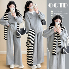 实拍有货 孕妇春季新款慵懒风假两件宽松卫衣两件套条纹连帽披肩