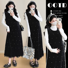 实拍有货 春季新款小香风气质重工钉珠丝绒连衣裙半高领打底套装