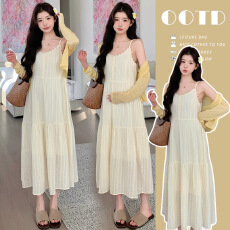 批发实拍現货 夏季新款法式甜美花边吊带裙+防晒开衫套装