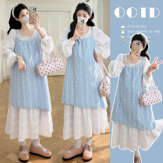 批发实拍xian货  2026春季新品时尚蓝色格子拼接小清新假两件连衣裙