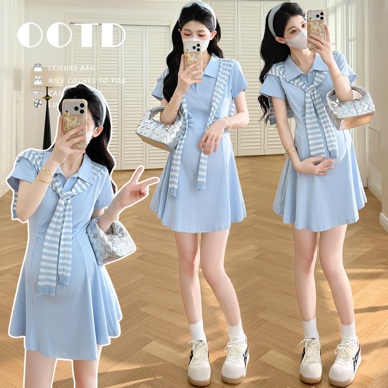 실사 xian 물품 여름 새로운 한 부서 품격 연령 감소 POLO 칼라 수리 허리 드레스 스트라이프 숄 세트