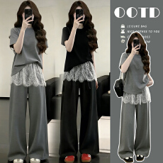 批发夏季新款慵懒风气质正肩短袖+拼接<b class='q'>蕾丝</b>阔腿裤两件套