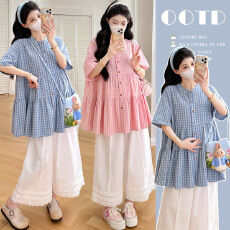 批发实拍現货 夏季新款韩系复古格纹拼接荷叶边衬衫白色花边阔腿裤