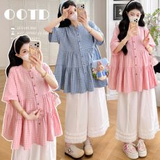 批发实拍現货 夏季新款韩系复古格纹拼接荷叶边衬衫白色花边阔腿裤