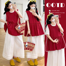 批发实拍現货 夏季新款韩系木耳边波点背心白色打底T恤百搭花边阔腿裤