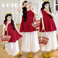 批发实拍現货 夏季新款韩系木耳边波点背心白色打底T恤百搭花边阔腿裤